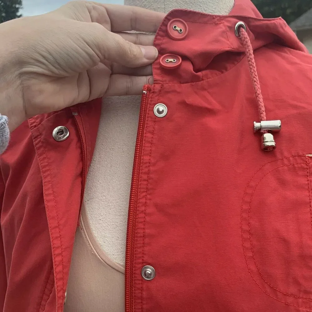 Larry Levine Sport Red Lightweight Parka Coat Snaps Zipper Hooded Jacket Medium - Picture 3 of 12